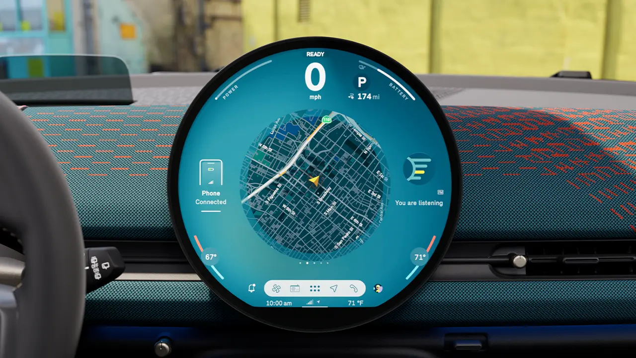 Detail view of the light blue center instrument display with navigation map activated in the center