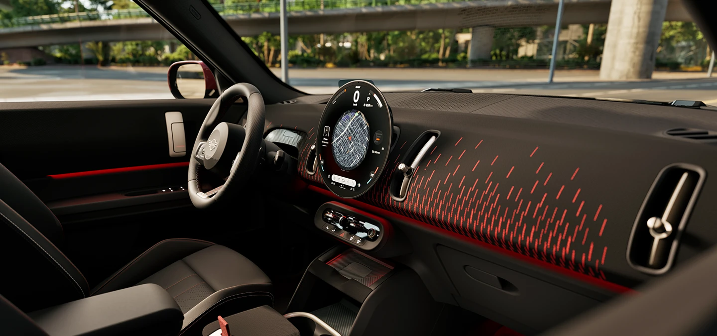 Side interior view of the MINI Countryman dashboard with John Cooper Works Trim.