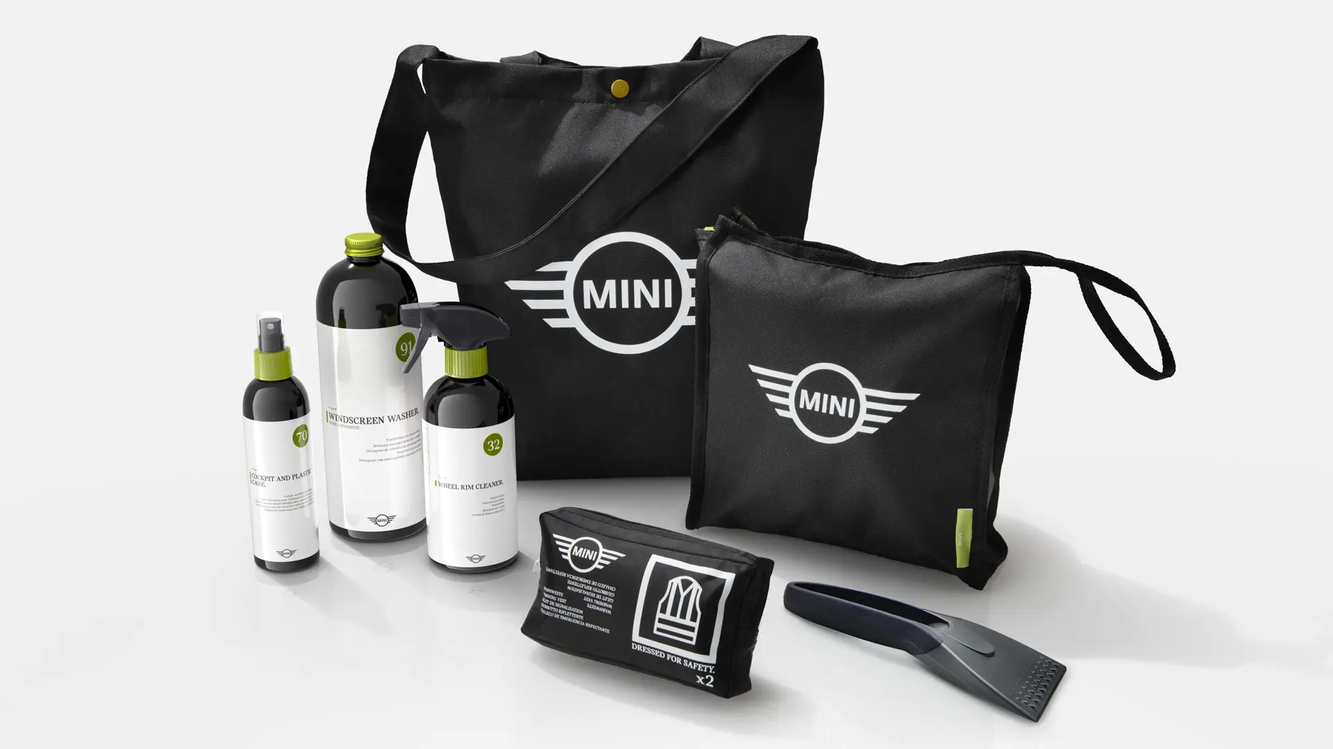MINI Car Care Set with MINI Rim Cleaner, MINI Windscreen Cleaner, MINI Cleaning Fluid and ice scraper.