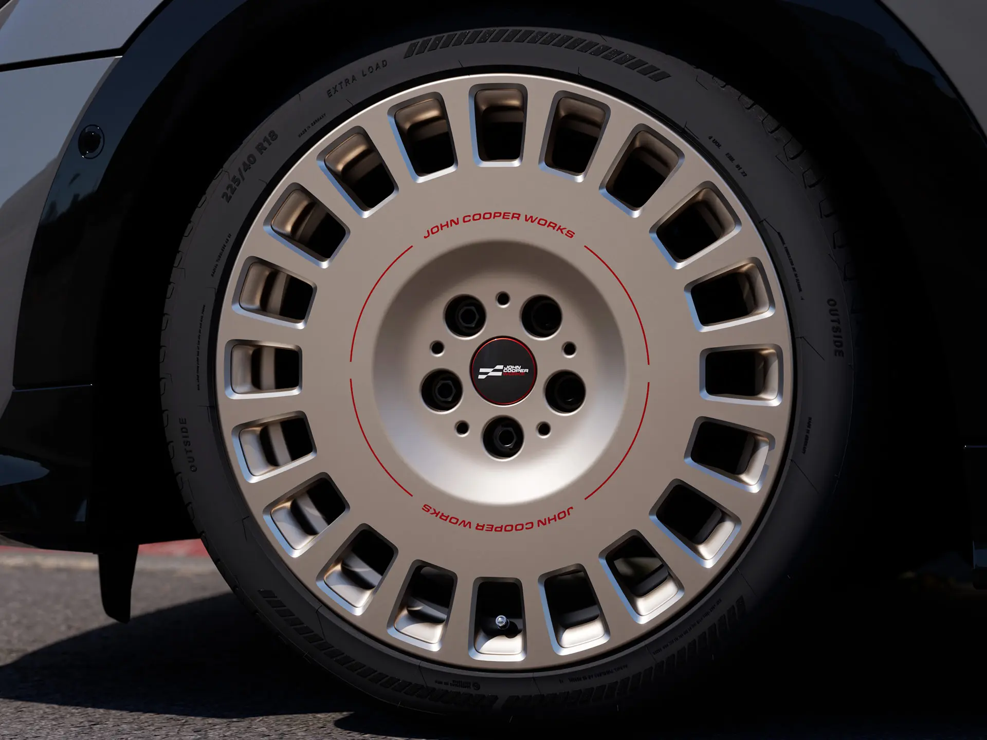 MINI JCW 18" Rallye Spoke 964 alloy wheel in a Vibrant Silver featuring a more solid, closed-spoke design. 