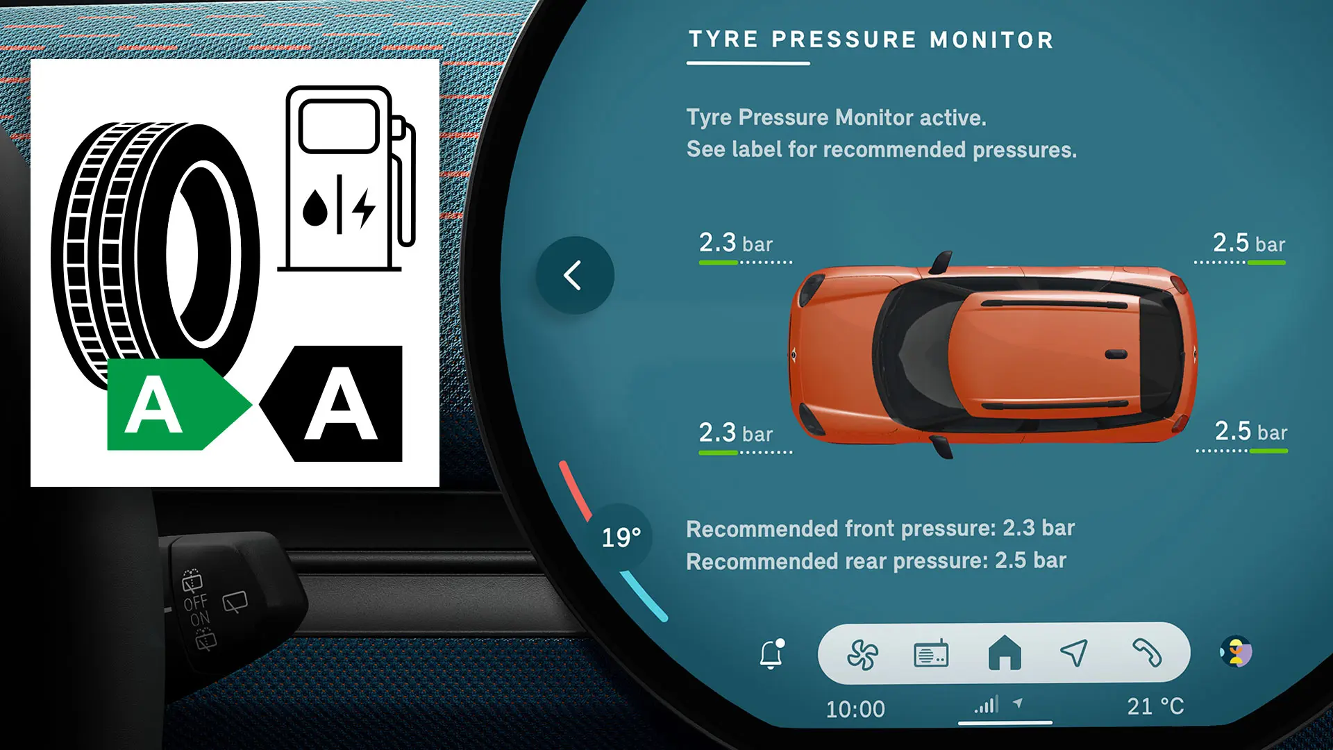 Close-up of the MINI touchscreen displaying the current Tyre Pressure Monitor information.