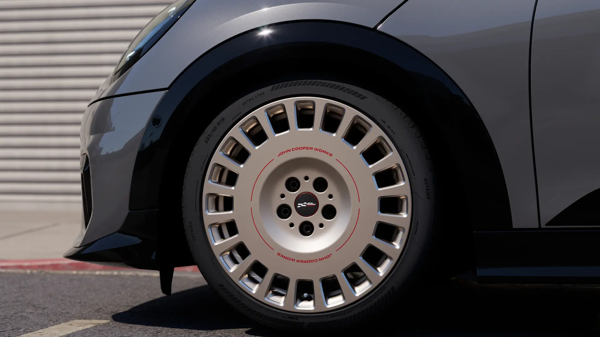 MINI 18" JCW Rallye Spoke 992 alloy summer complete wheel set in Vibrant Silver.