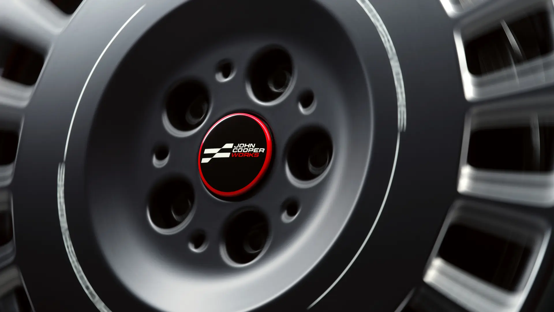 John Cooper Works floating hub cap that doesn’t turn with the wheel but remains horizontal while driving. 